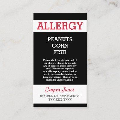 Custom Allergy Alert Restaurant Emergency Kids Calling Card