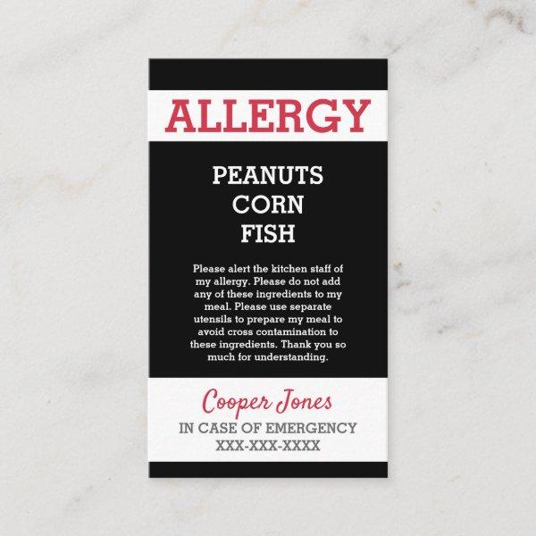 Custom Allergy Alert Restaurant Emergency Kids Calling Card