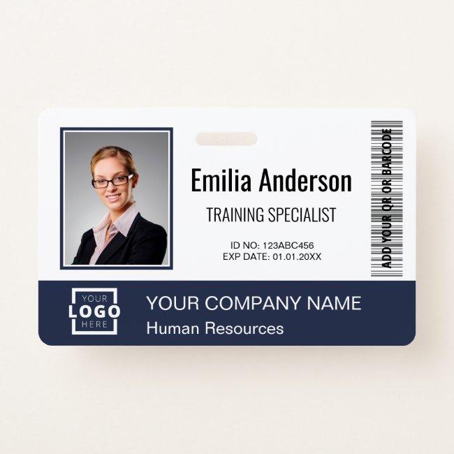 Custom Business Logo Bar Code Employee Photo Blue Badge