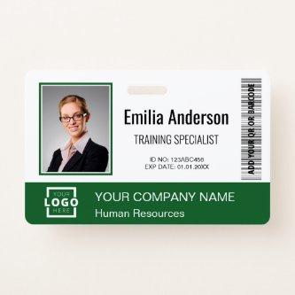 Custom Business Logo Bar Code Employee Photo Green Badge