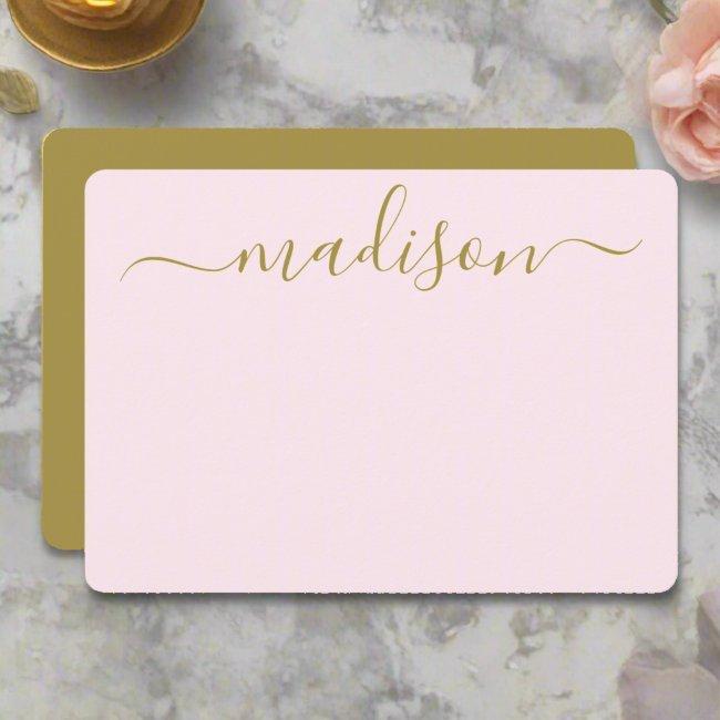 Custom Clean Blush Pink & Gold Typography Name Note Card