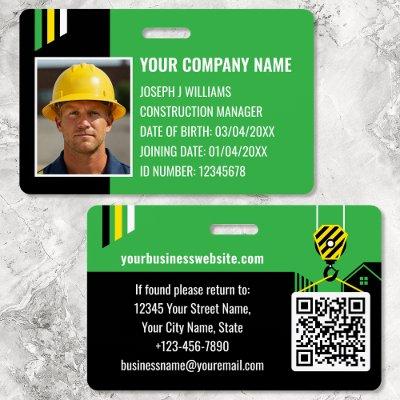 Custom Construction ID Work QR Code Green Black Badge