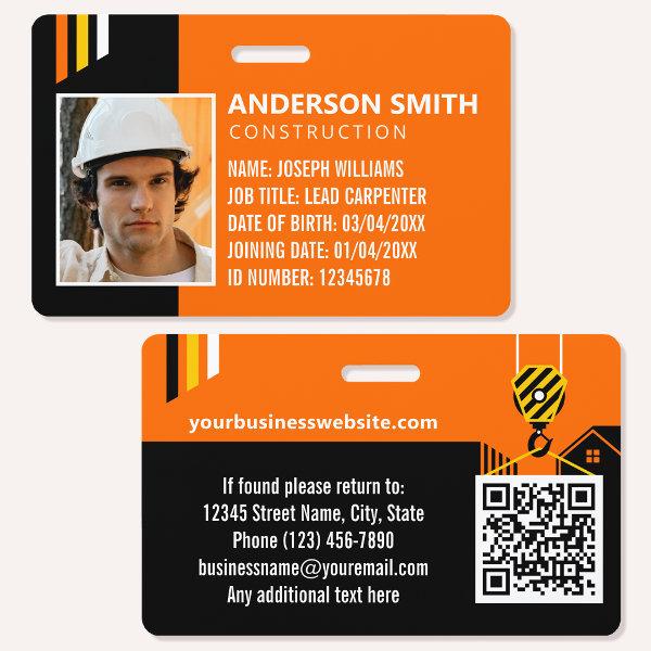 Custom Construction ID Work QR Code Orange Black Badge