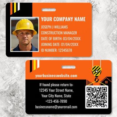 Custom Construction ID Work QR Code Orange Black Badge