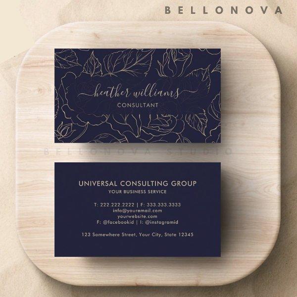 Custom Dark Navy Blue Gold Flower Professional