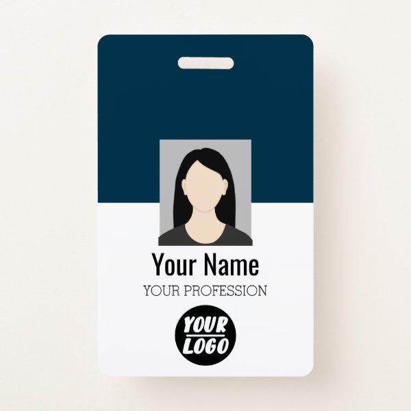 Custom Employee Photo, Bar Code, Logo, blue Name Badge