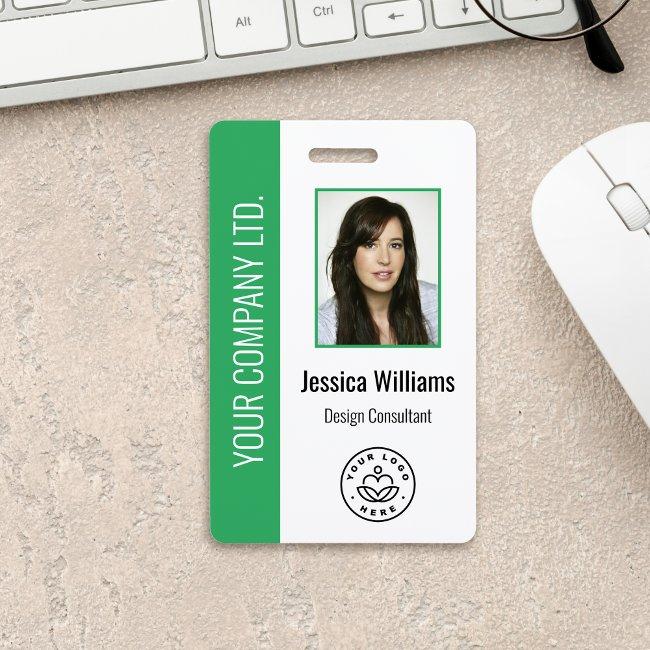 Custom Employee Photo, Bar Code, Logo, Name Green Badge