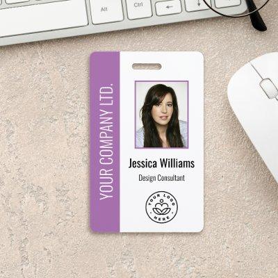 Custom Employee Photo, Bar Code, Logo, Name Purple Badge