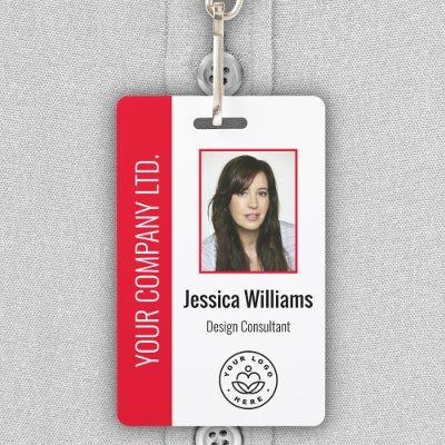 Custom Employee Photo, Bar Code, Logo, Name Red Badge