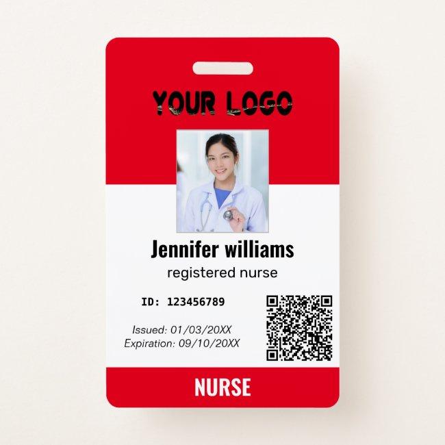 Custom Employee Photo, Bar Code, Logo, red name Badge