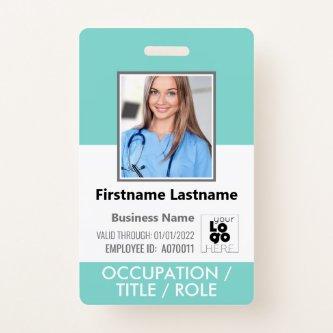 Custom Employee Photo, Barcode Logo Aqua Blue Name Badge