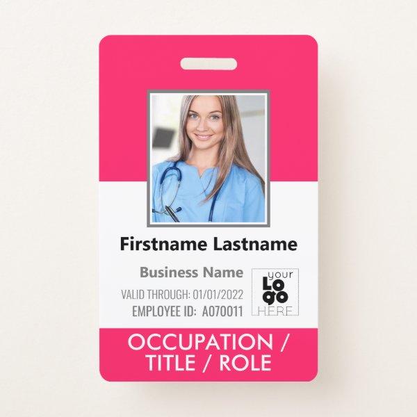 Custom Employee Photo, Barcode, Logo Hot Pink Name Badge