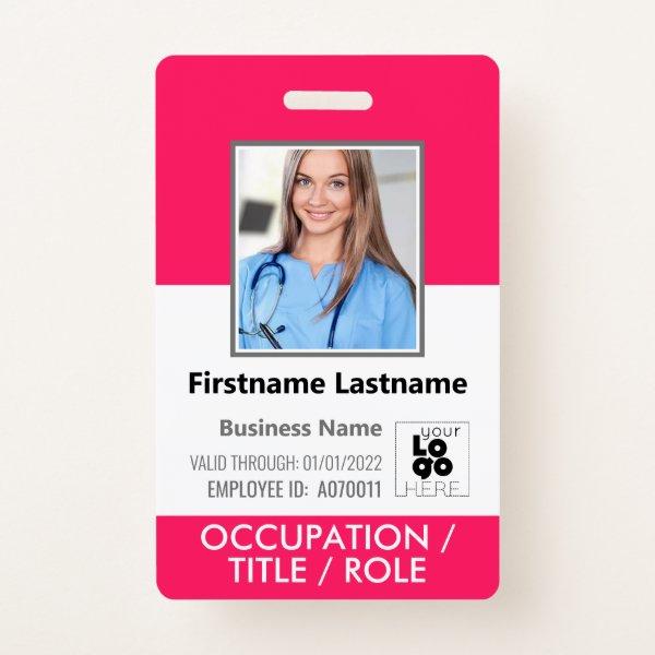 Custom Employee Photo, Barcode, Logo Hot Pink Name Badge