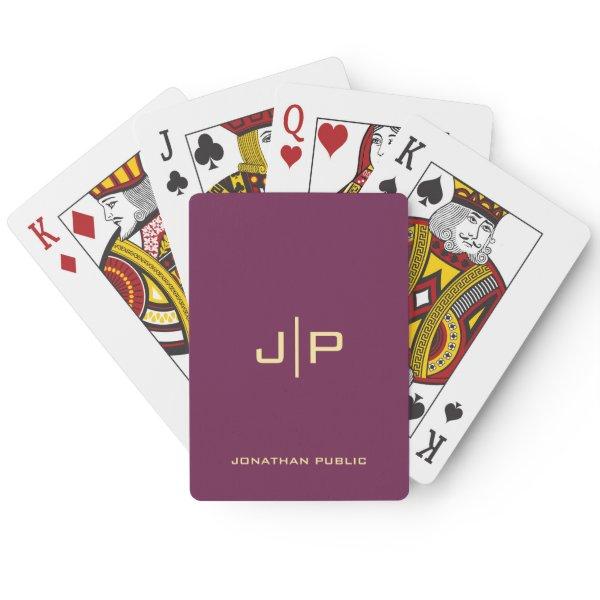 Custom Gold & Bordeaux Monogram Initial Name Poker Cards