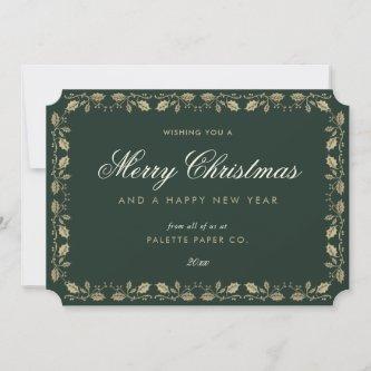 Custom Green Gold Holly Business Christmas Cards