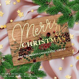 Custom Greeting Botanical Holly Berry Wreath Gold Foil Holiday Card