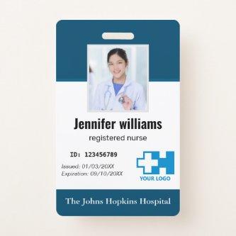 Custom Hospital Employee Logo & Photo navy blue ID Badge
