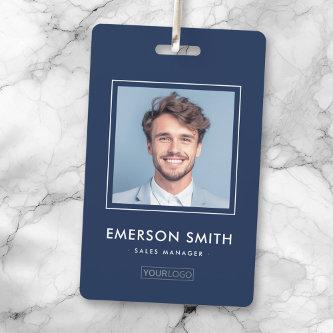 Custom logo and photo dark blue employee name id badge