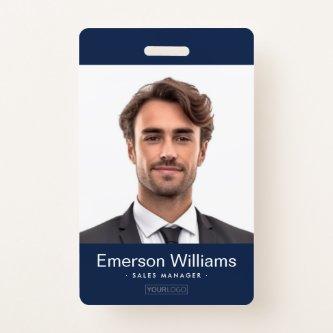Custom logo and photo dark blue employee name id badge