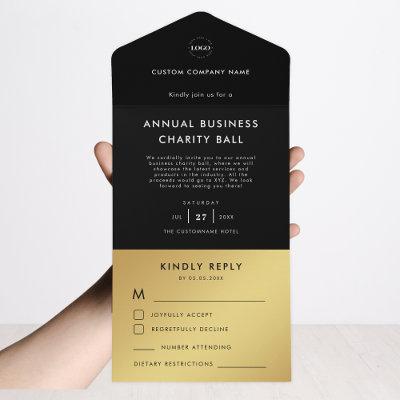 Custom Logo Black Gold Business Event Party RSVP All In One Invitation