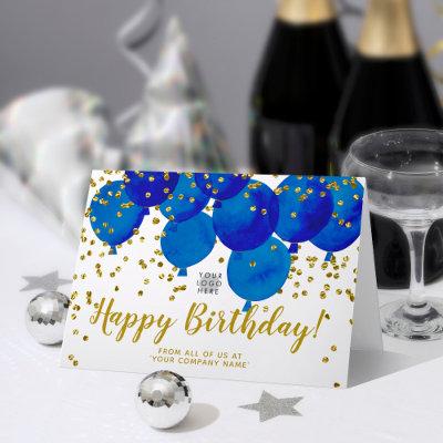 Custom Logo Blue Balloons Gold Confetti Birthday Card