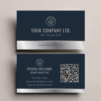 Custom Logo Elegant Blue Silver QR Code