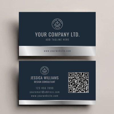 Custom Logo Elegant Blue Silver QR Code