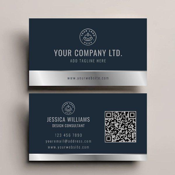Custom Logo Elegant Blue Silver QR Code