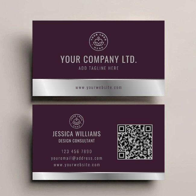 Custom Logo Elegant Burgundy Silver QR Code