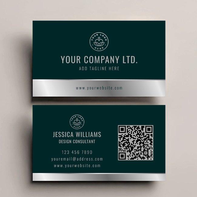 Custom Logo Elegant Green Silver QR Code