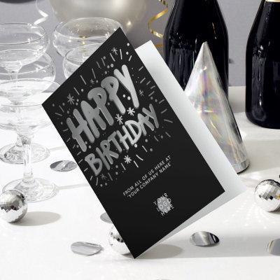 Custom Logo Faux Silver Fun Happy Birthday Black Card
