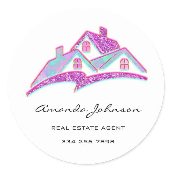 Custom Logo House Real Estate Agent Pink Blue Classic Round Sticker