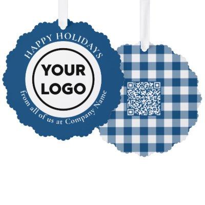 Custom Logo QR Code Blue White Gingham Holiday Ornament Card