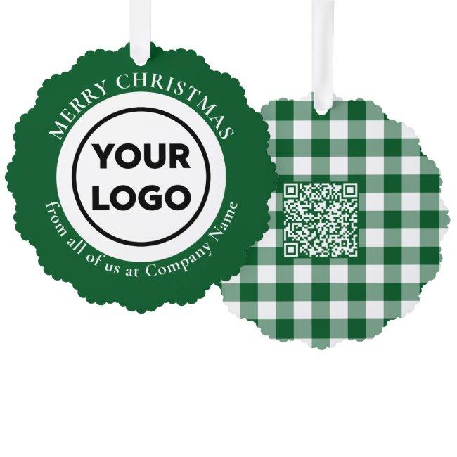 Custom Logo QR Code Green White Gingham Christmas Ornament Card