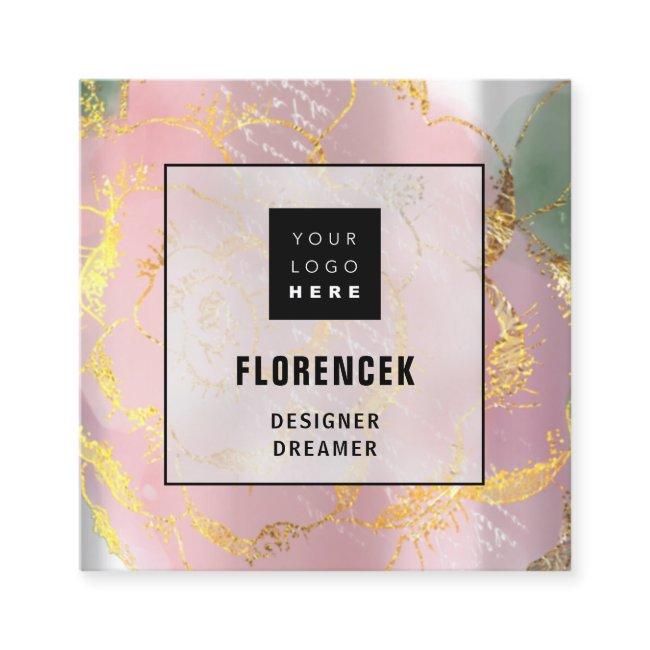 Custom Logo QR CODE Silver Gray Green Floral Rose Square