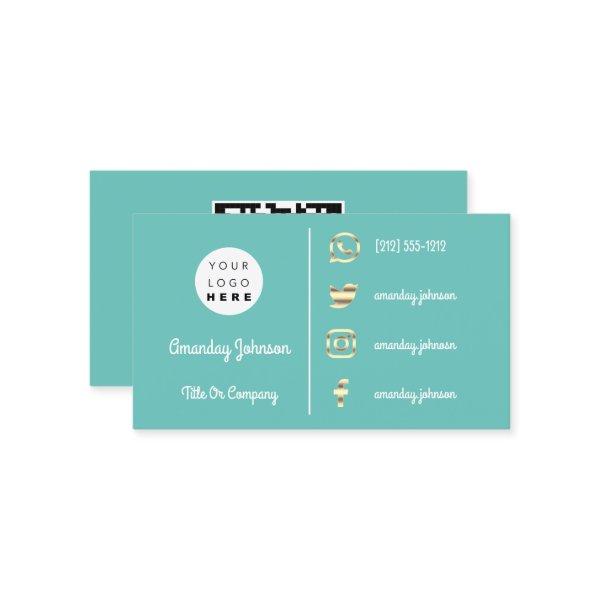 Custom Logo Social Media Gold QR Code Aqua Blue