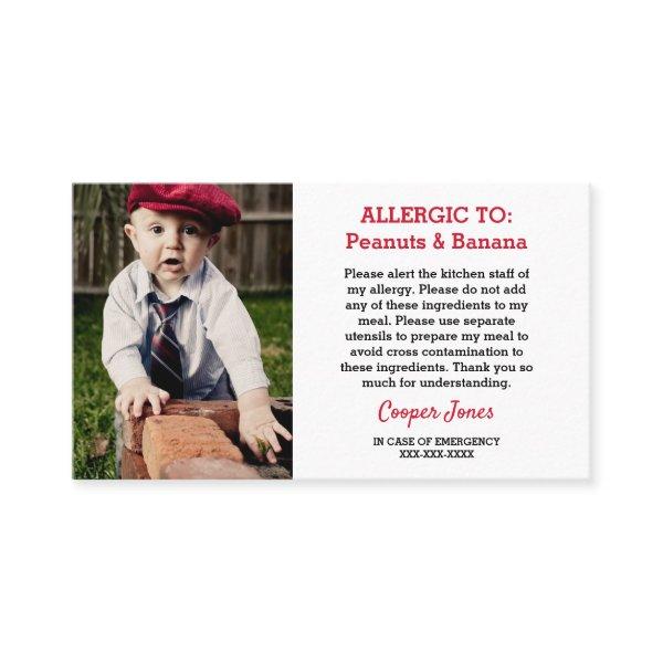 Custom Photo Allergy Alert Restaurant Emergency Calling Card