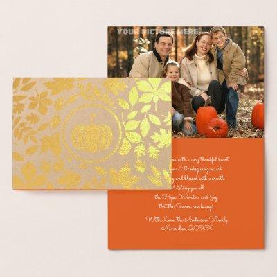 Custom Photo | Autumn Leaves Pumpkin Thanksgiving  Foil Card