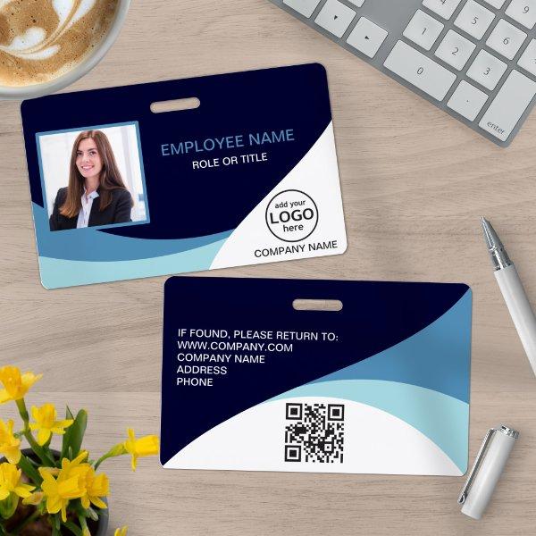 Custom Photo Corporate Employee Name Blue QR Code Badge