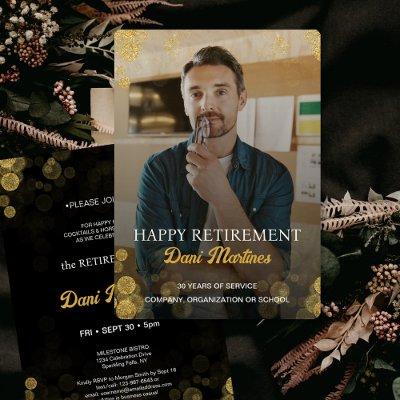 Custom Photo Gold Confetti Happy Retirement Party  Invitation