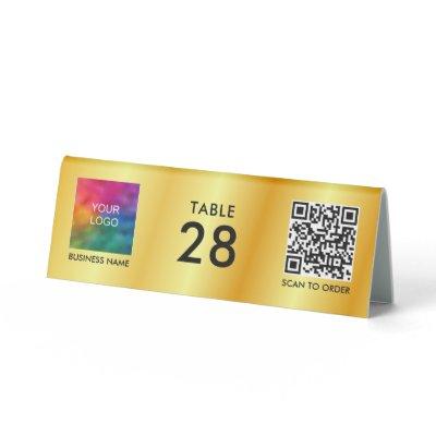 Custom QR Code Business Logo Here Faux Gold Table Tent Sign