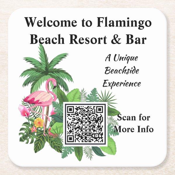 Custom QR Code Restaurant Bar Tropical Beach Theme Square Paper Coaster