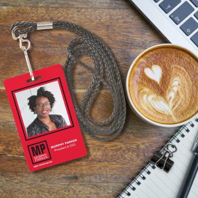 Custom Red Black White Square Monogram Logo Photo Badge