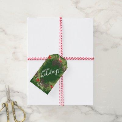 Custom Simple Elegant Pinecones Dark Green White Gift Tags
