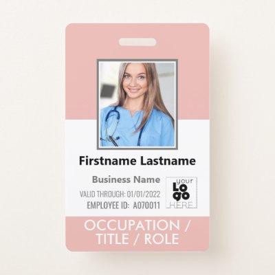 Custom Staff Photo, Barcode,+ Logo Rose Pink Name Badge