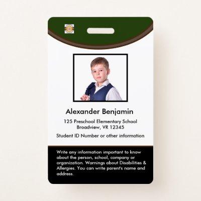 Custom Student Child Kid Photo Name Logo Bar Code  Badge