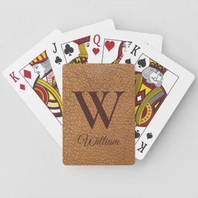 Custom Textured Brown Leather Monogrammed Initial  Playing Cards