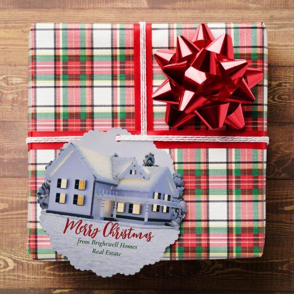Custom Winter Real Estate Company Snowy Home Ornament Card