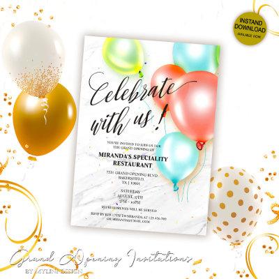 Custom Yellow Blue Red Balloons Grand Opening Invitation