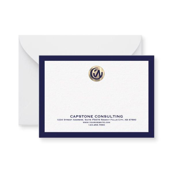 Customizable Note Card with Gold Logo Navy Frame
